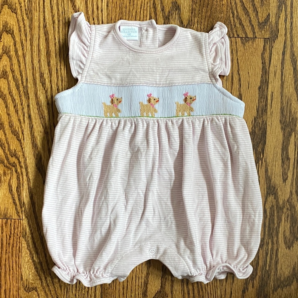 Pink striped Edgehill Collection smocked bubble, size 3M. Soft cotton